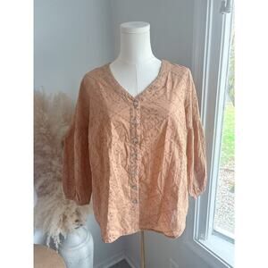 NWT J. Jill Eyelet Lantern Sleeve Blouse XS Petite Button Front V Neck Ginger